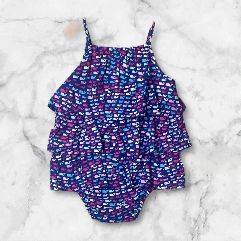 VINEYARD VINES for Target EUC Girls 12 Mo School of Whales Tiered Ruffled Romper